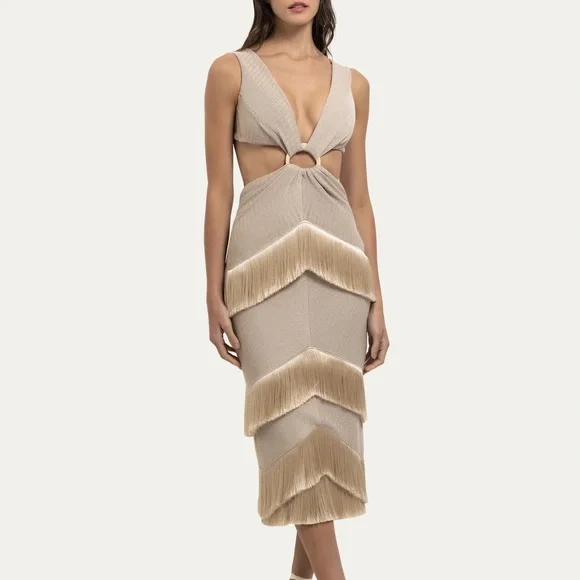 PATBO
Cutout Metallic Knit Fringe-trim Midi Dress In Clay - Picture 2 of 7